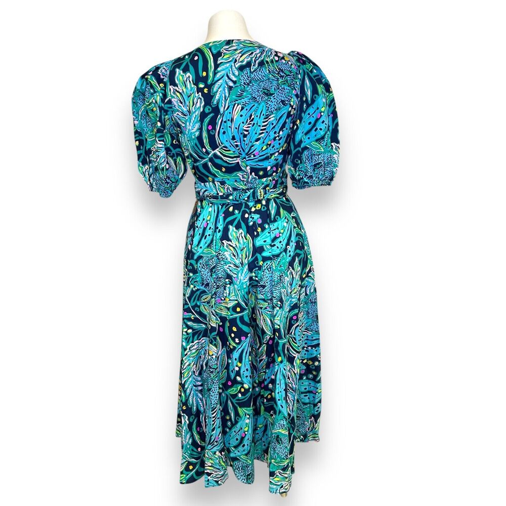 New LILLY PULITZER Juney Puff Sleeve Faux Wrap Dress Low Tide Navy Catty 6 - Picture 3 of 6